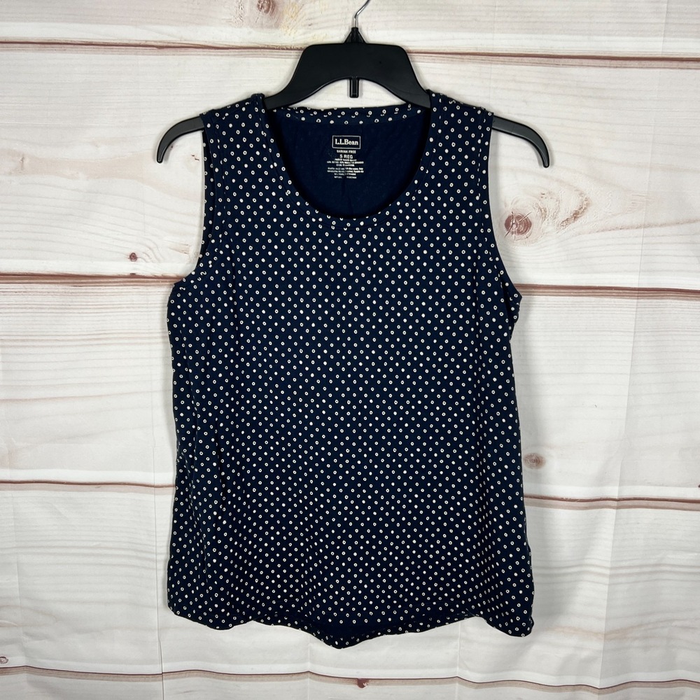 LL Bean Top Womens Small Blue Polka Dot Tank Shrink Free Sleeveless Cotton Blend